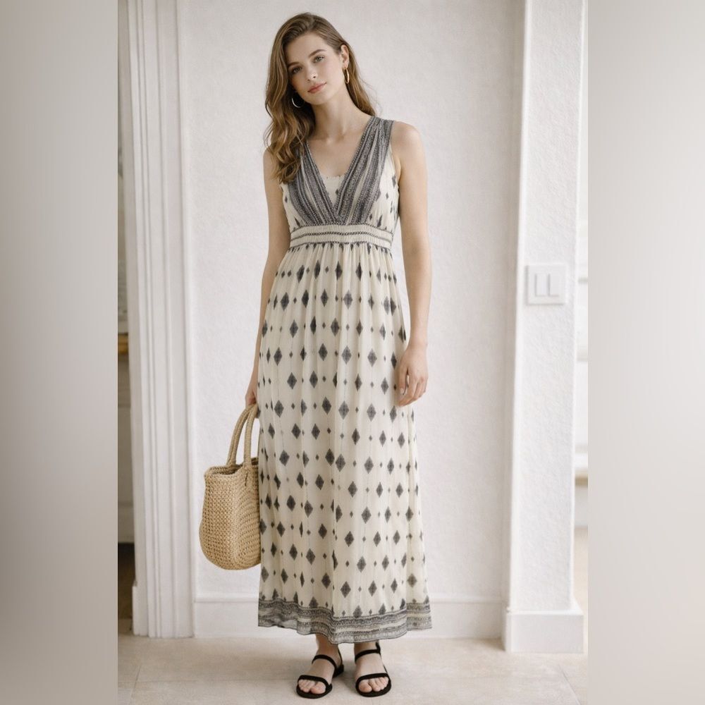 Hoss Intropia Geometric Maxi Dress in Cream and Black 8 NWOT